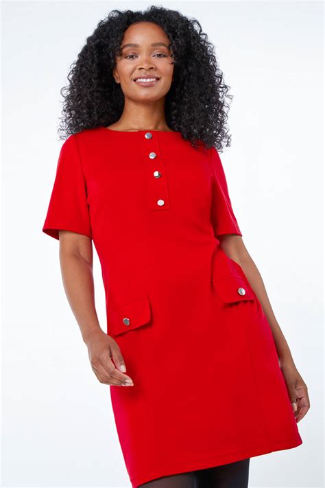 Red Petite Button Detail Shift Dress Roman UK