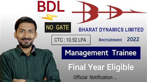 Bdl Recruitment 2022 Without Gate 🔥 Final Year Eligible Ctc 1052