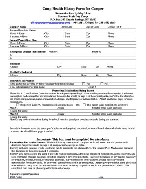 Fillable Online Camp Health History Form For Campers Fax Email Print