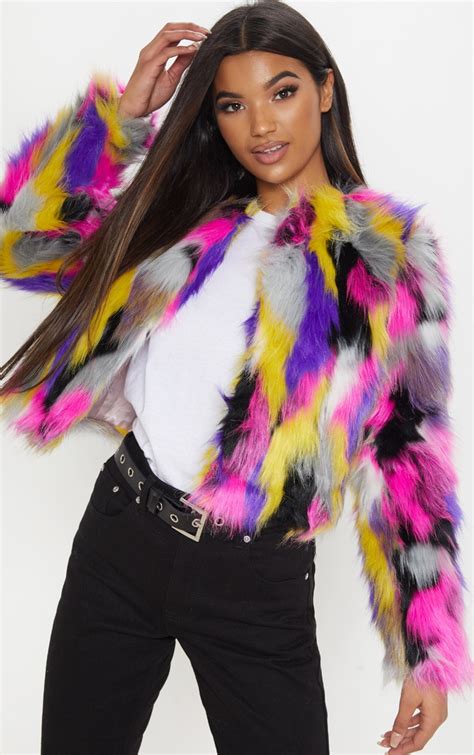 Elle Multi Faux Fur Jacket Jumpers Prettylittlething Ca