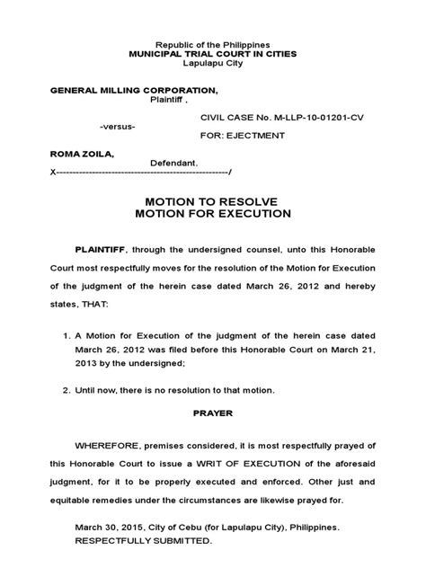 Sample Motion To Resolve Motion For Execution