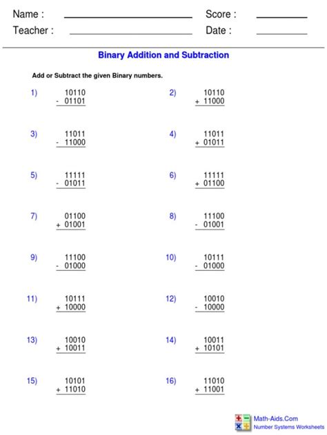 Binary Addition And Subtraction Worksheet Printable Pdf Template