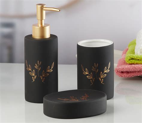 Buy Floral Print Black Ceramic Bathroom Accessories Set Set Of 3