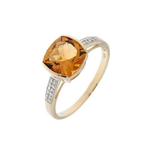 Bague Citrine Coussin Mm Et Diamant En Or Jaune Ref