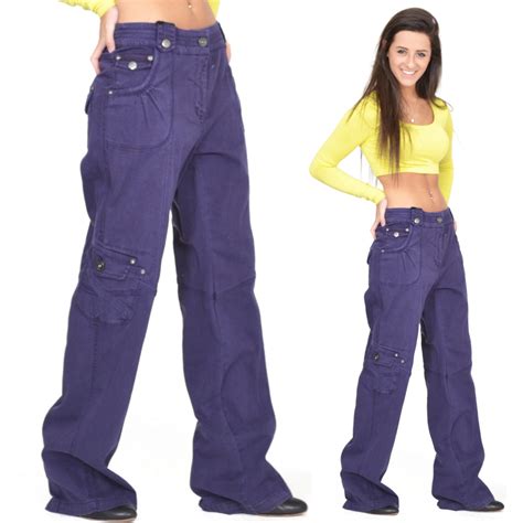 New Womens Purple Baggy Loose Cargo Pants Wide Boyfriend Combat