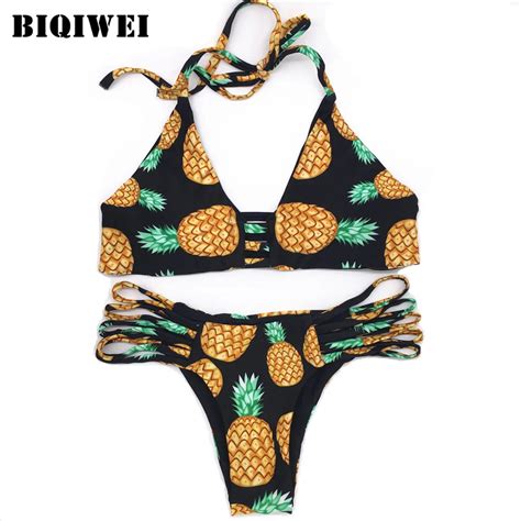 Black Pineapple Print Bikini Padded Bra Brazilian Bottom Bandage