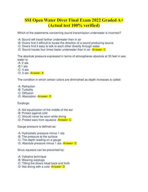 Ssi Open Water Diver Final Exam Graded A Actual Test