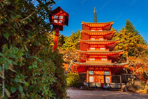 Japan pagoda. Fujiyoshida sights. Japan pagoda background of colorful ...