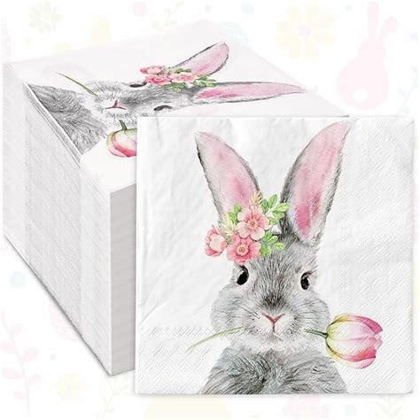 AnyDesign 80 Pack Easter Paper Napkins Watercolor Bunny Tulip