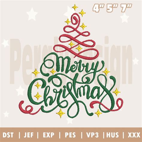 Xmas Tree Embroidery Machine Design Merry And Bright Embroidery Design