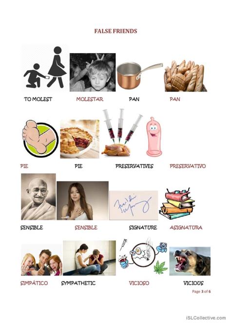 False Friends List With Pics Piction Fran Ais Fle Fiches Pedagogiques