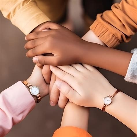 Vista Recortada De Amigos Multiculturales Tomados De La Mano En Fondo