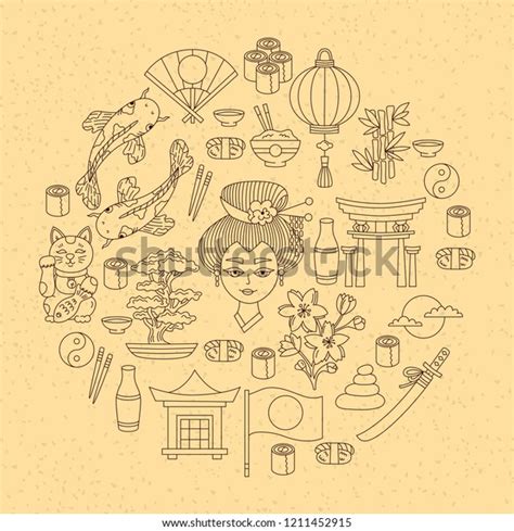 Japanese Traditional Symbols Doodle Line Vector Stock Vector Royalty