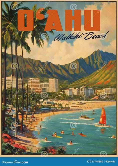 Waikiki Oahu Honolulu Hawaii Vintage Travel Poster Postcard Stock