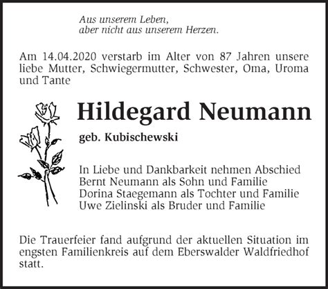 Traueranzeigen von Hildegard Neumann Märkische Onlinezeitung Trauerportal