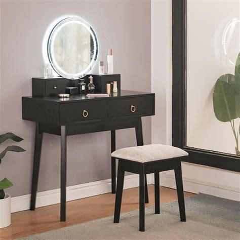 Coiffeuse Noire Miroir LED Et Tabouret Design Contemporain Table De