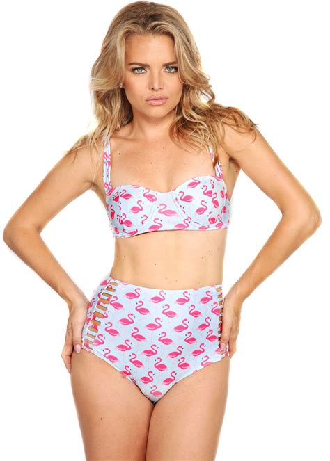 Turquoise Pink Flamingo High Waist Bikini Set Retro Swimsuit High