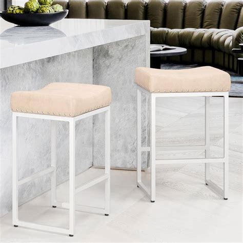 Lue Bona In H Almond Cusioned Backless Saddle Bar Stools With Metal