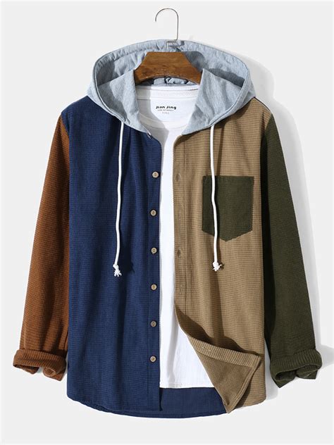 Men Corduroy Patchwork Chest Pocket Long Sleeve Comfy Casual Hooded