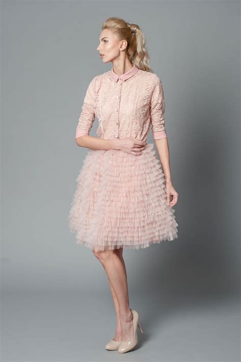 Blush Pink Shirt Midi Dress With Chiffon Collar Cuffs And Layered