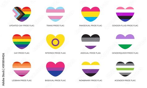 Lgbtq Sexual Identity Pride Flags Collection Heart Shape With Flag Of