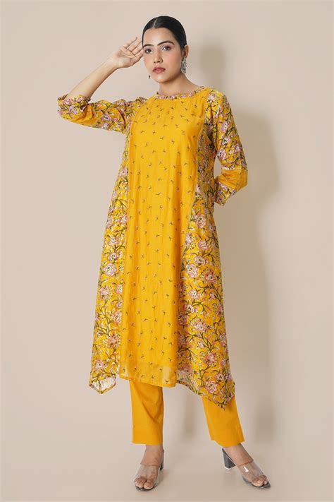 Buy Kameez Yellow Marigold Bush Chanderi Kurta And Pant Set Online