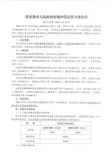 征地补偿安置方案公告（张征补安置[2024]第41号、第128号） 张家港市自然资源和规划局