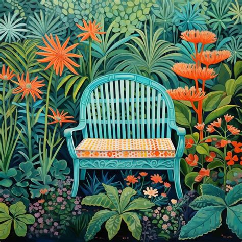 Premium Ai Image Painting Of A Bench In A Garden With Flowers And