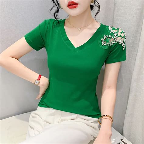 2023 New Summer European Clothes T Shirt Women S Fashion Sexy V Neck Tops Short Sleeve Patchwork