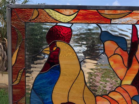 Unique Colorful Rooster Leaded Stained Glass Window Panel