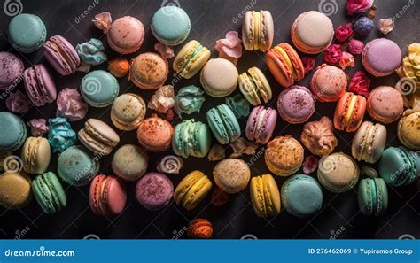 Macarons Multicolor En Una Pila De Fondo Rosa Generada Por Ai Stock De