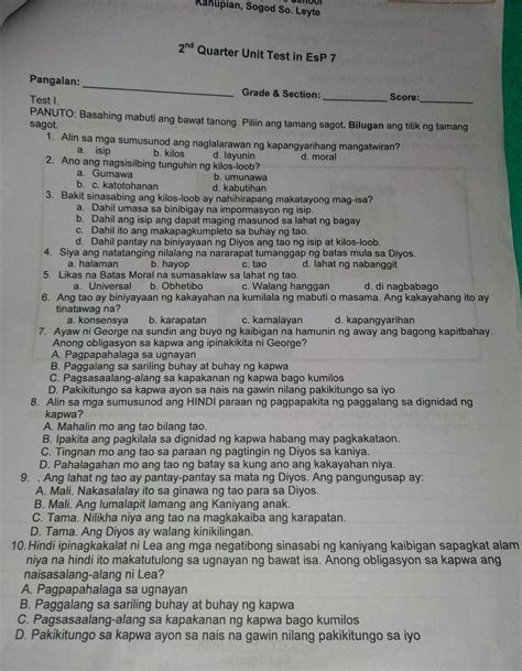 Panuto Basahing Mabuti Ang Bawat Tanong Piliin Ang Tamang Sagot Bilugan