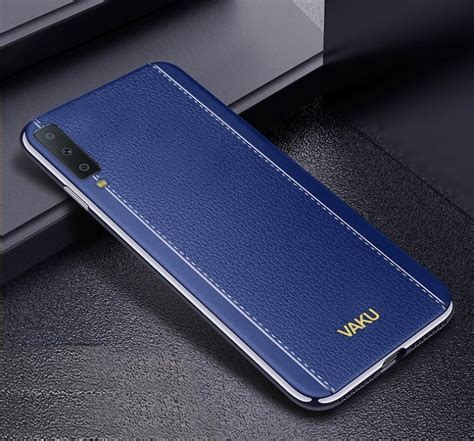 Vaku ® Samsung Galaxy A7 2018 Vertical Leather Stitched Gold Electroplated Soft Tpu Back Cover