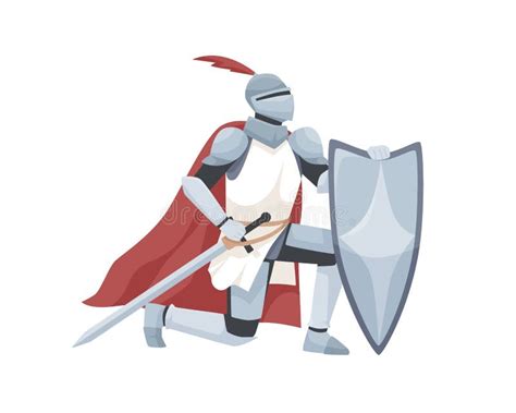 Knight In Armor And Red Cloak Holding Shield And Sword And Giving Oath