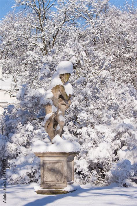 Naked Lady Statue Covered In Snow In Warsaw Lazienki Park After Stock