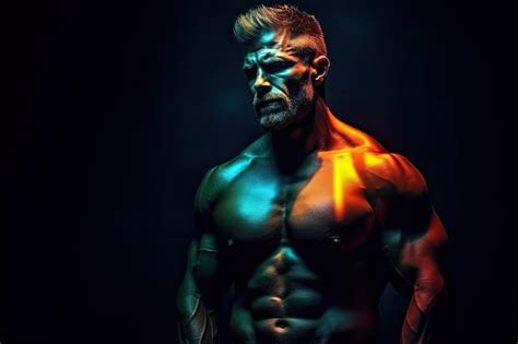 Premium AI Image Sportive Man Bodybuilder Is Posing In The Colorful