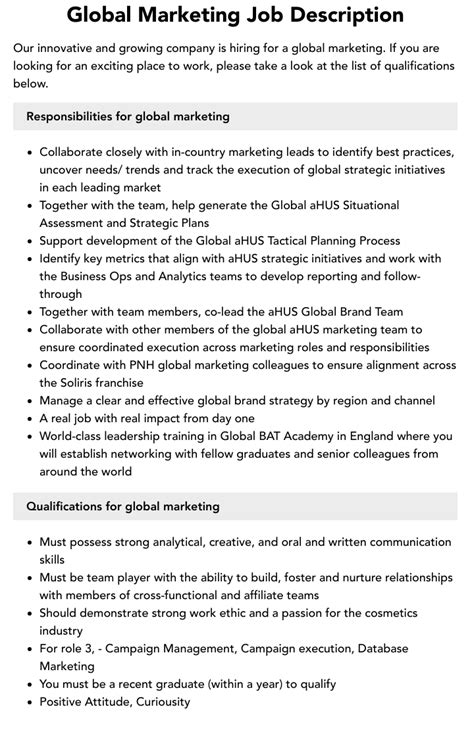 Global Marketing Job Description Velvet Jobs