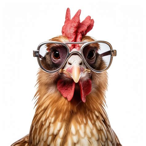 Closeup Of Chicken With Sunglasses On White Background Premium Ai