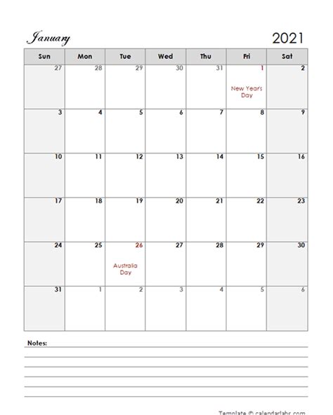 2021 Australia Calendar Template Large Boxes Free Printable Templates