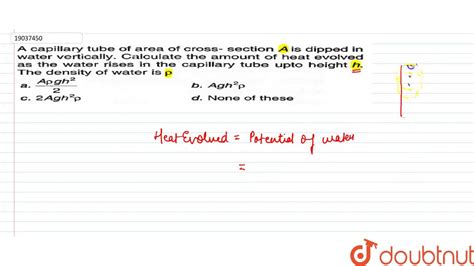 A Capillary Tube Of Area Of Cross Section A Is Dipped In Water