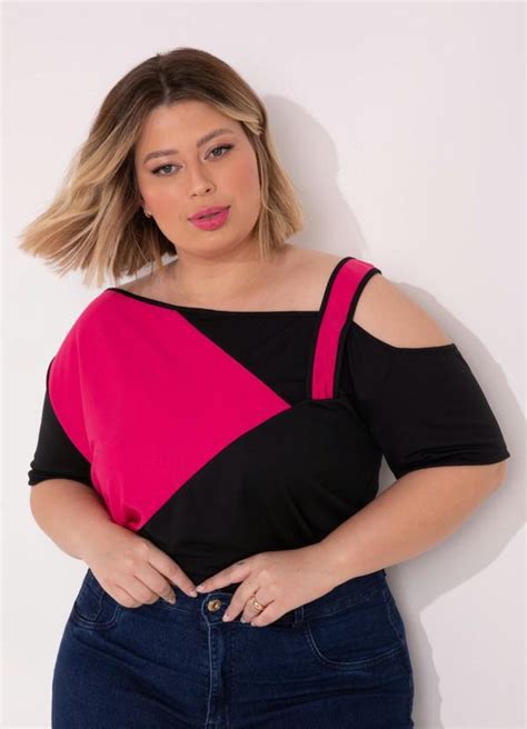 Blusa Preta e Pink Recorte e Alça Plus Size Marguerite