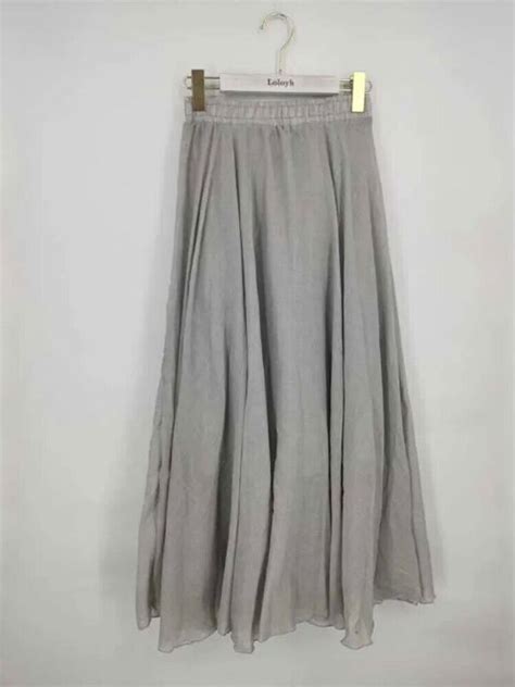 Women Linen Cotton Long Skirts Elastic Waist Pleated Skirts Beach