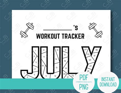 Exercise Workout Monthly Tracker Motivation Coloring Sheet July Etsy