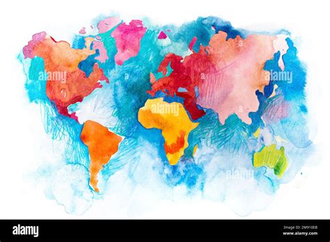 Map of the world with oceans and seas. Watercolor hand drawn Stock Photo - Alamy