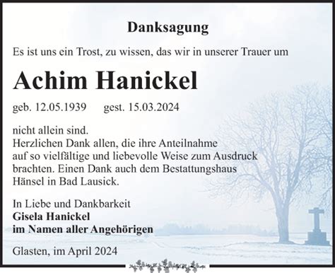 Traueranzeigen Von Achim Hanickel Trauer Anzeigen De