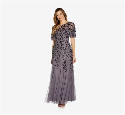 Petite Long Floral Beaded Gown With Flutter Sleeves In Moonscape