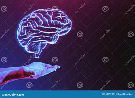 Close Up Of Hand Holding Glowing Digital Human Brain Hologram On Dark