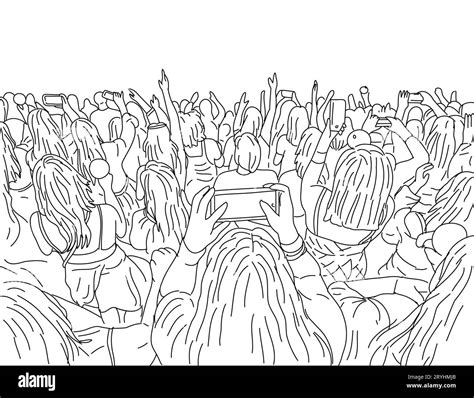 Crowd of Young People with Cellphone at a Live Concert Line Art Drawing ...