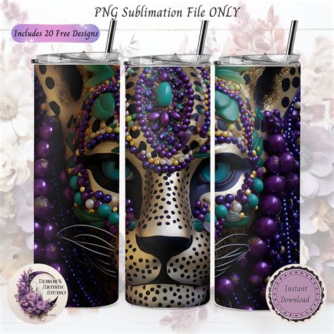 Mardi Gras Leopard Mask 20 Oz Skinny Tumbler Digital Design PNG Instant