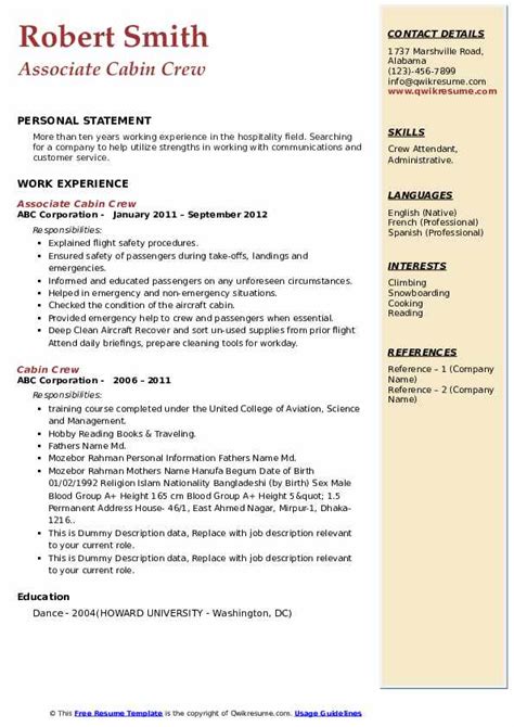 Cabin Crew Resume Samples Qwikresume